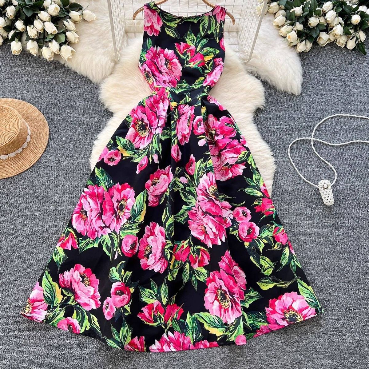 "Retro-Inspired Slim Fit Dress With Waist Cincher & Puffy Hem – Women's Sleeveless Printed A-Line Dress (Multiple Patterns, S-XXL)"_ecoleips.com