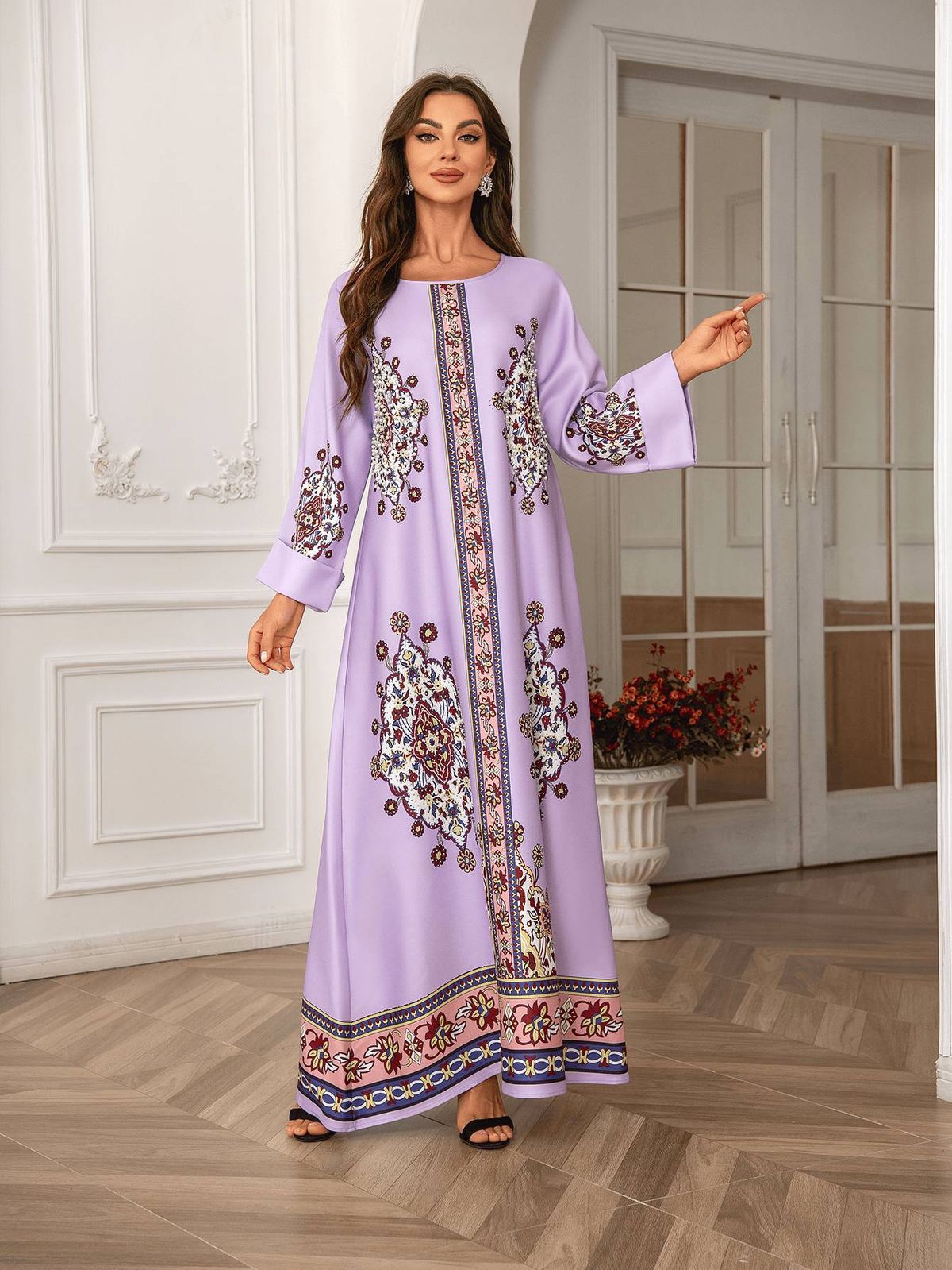 Cross-Border Export Women's Long Robe Printed Rhinestone Dress Abaya, Elegant Floral Pattern, Perfect For Special Occasions_ecoleips.com