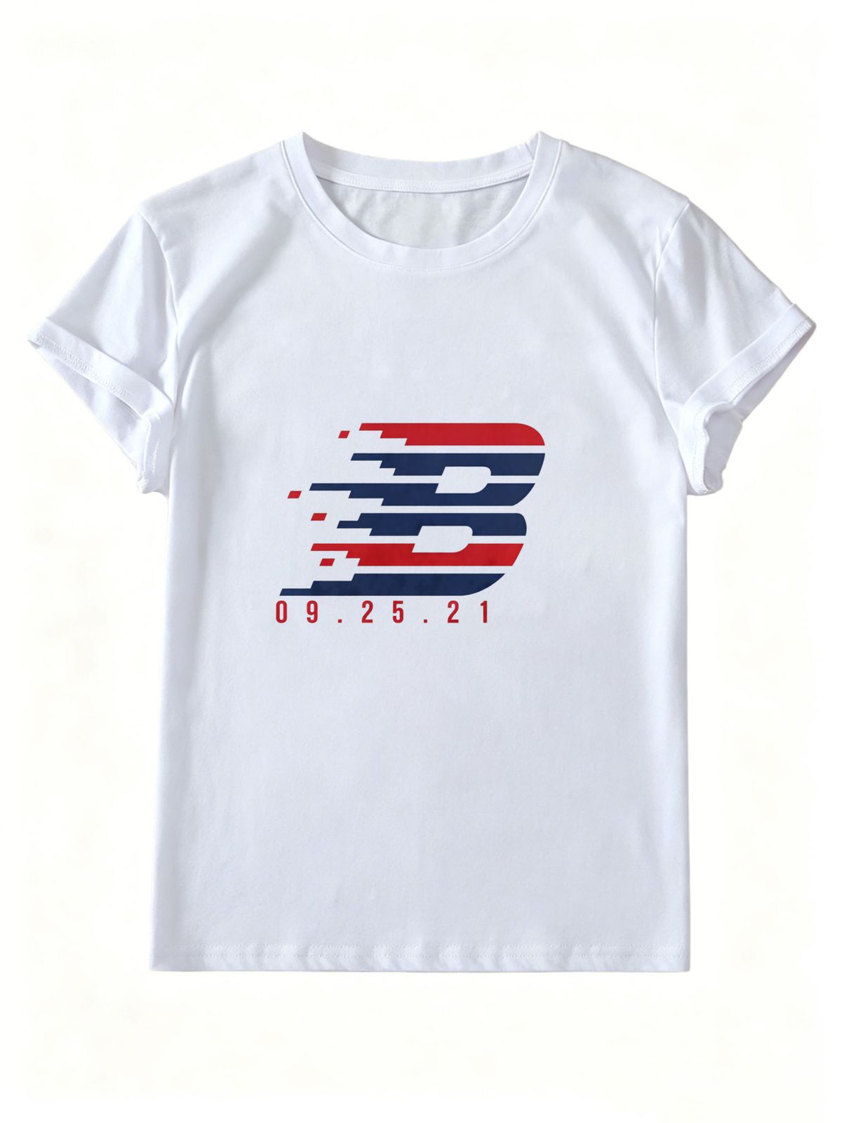 Women's Round Neck Short-sleeved T-shirt, Red And Blue Stripes With The Letter B, Loose And Casual Summer T-shirt Top_ecoleips.com