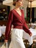 Burgundy Wine Deep V Wrap Pit Rib Knit Sweater, Loose Lightweight Breathable Soft Skin-touch Long Sleeve Slim Waist Pullover_ecoleips.com