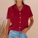 Women's New Style Short Sleeve Solid Color Button Collar Cotton Linen Casual Shirt_ecoleips.com