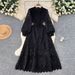 Elegant Women's Slimming Evening Dress High-End Heavy Duty Hollowed Out Crochet Flower Waist Cinching Lantern Sleeves New Style 2025_ecoleips.com