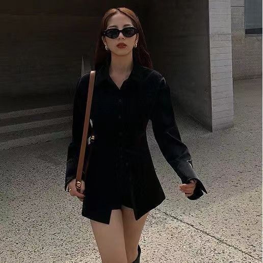 Women's Slim Fit Long Sleeved Shirt Solid Color Fitted Waist Unique Design mid Length Spring/Summer New Style_ecoleips.com