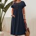 Women's Clothing Women's Long Skirt New Solid Color Round Neck Pocket Pleated Short Sleeve Cotton And Linen Dress_ecoleips.com