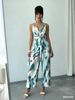 2026 Summer New Blue Pink Smudge Tie-dye Jumpsuit Women's V-neck Kinked Waist Satin Wide-leg Jumpsuit_ecoleips.com