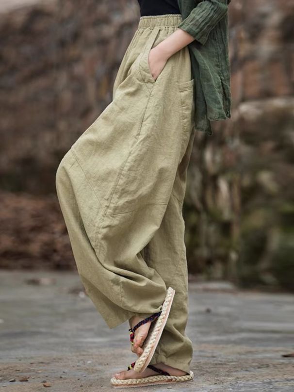 Suitable For All Seasons Draped Lantern For Women Spring Summer Carrot Casual Loose Cotton Linen Wide Leg High Waist Harem Pants_ecoleips.com