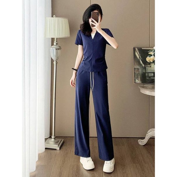 Women's Clothing High End Contrast Color V Neck Wide Leg Pants Fashion Suit Summer Style Outfit_ecoleips.com