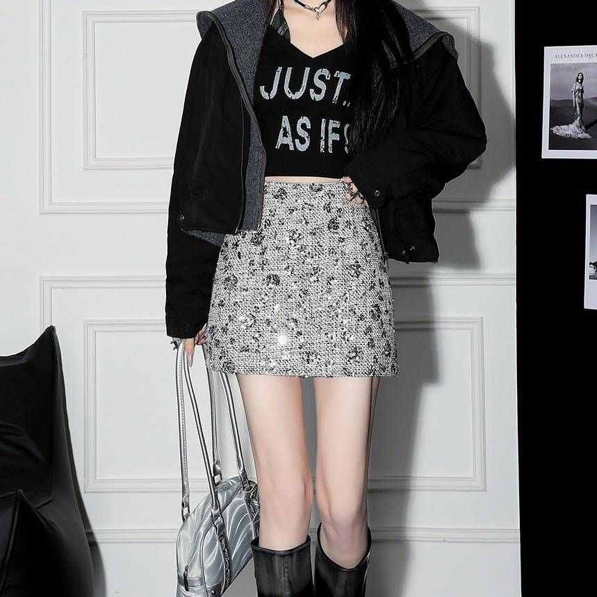 Heavy Embellished Glitter Tweed Mini Skirt - High Waist A-Line Short Skirt, Slimming & Sexy Pencil Skirt (Black, Silver, Gold)_ecoleips.com