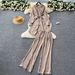 Women's Casual Lounge Set – Belted Waist Shirt With High-Waisted Wide-Leg Pants (Polyester, Rhinestone Detailing, Blue/Khaki/Pink/Black/Brown)_ecoleips.com