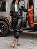 Women's Stylish Design Two Piece Set Unique Pocket Workwear PU Leather Jacket And Trousers_ecoleips.com