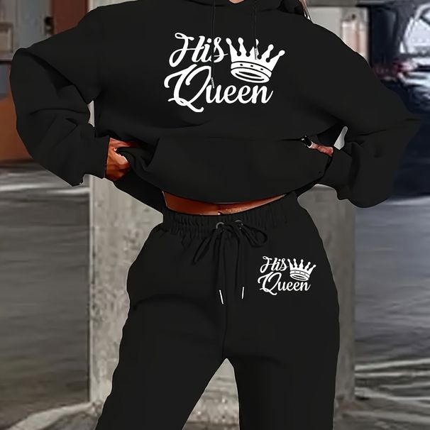 Women's Autumn/Winter Casual Fashion QUEEN Letter Pattern Printed Thick Fleece Warm Hoodie+Sports Pants Set-725_ecoleips.com