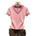 Elegant Women's Color Block V Neck T-Shirt French Style Ice Silk Knit Slim Fit Short Sleeve Top For Spring/Summer_ecoleips.com