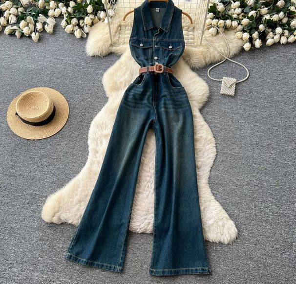Retro High-Waisted Slimming Wide Leg Jumpsuit For Women Sleeveless Collared Sexy American Style Summer Fashion_ecoleips.com