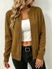 Caramel Brown Zip Up Crew Neck Pit Rib Knit Cardigan, Loose Lightweight Breathable Soft Skin-touch Long Sleeve Pocket Jacket_ecoleips.com