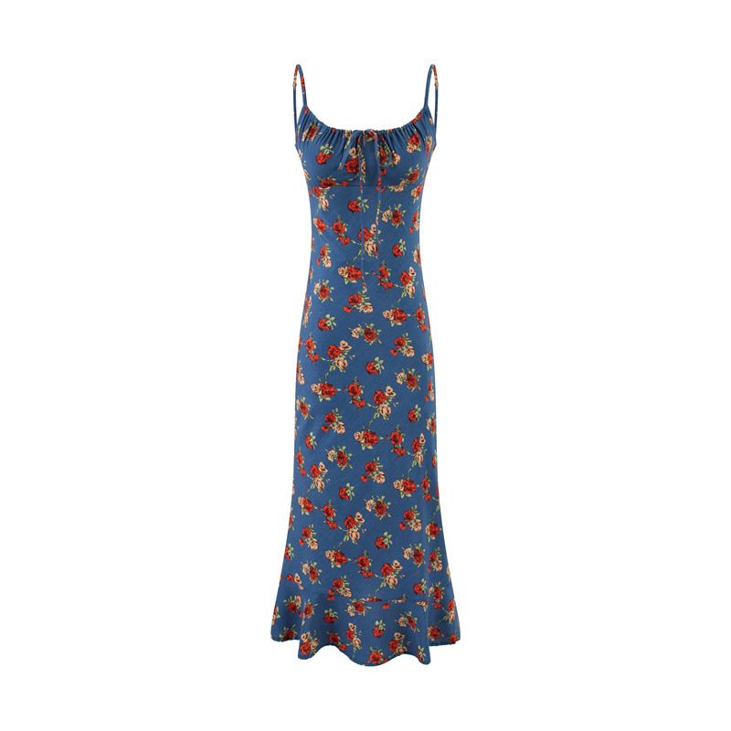 European And American Style Off-shoulder Drawstring Floral Print Slip Dress, Fishtail Skirt, Waist-cinching Slim-fit_ecoleips.com