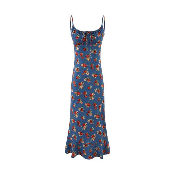 European And American Style Off-shoulder Drawstring Floral Print Slip Dress, Fishtail Skirt, Waist-cinching Slim-fit_ecoleips.com