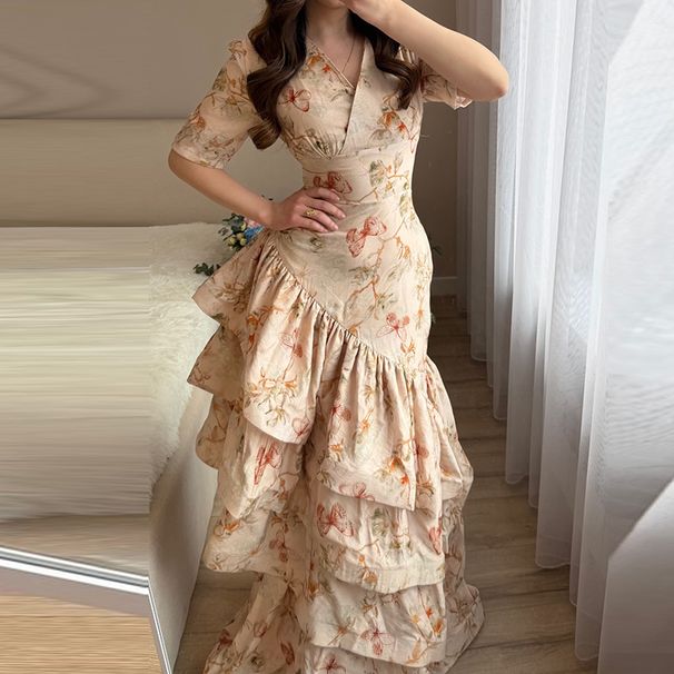 Casual Floral Print Stacked Lotus Leaf Edge Dress Elegant Women's Prom Dress 2026 Summer New V-neck Short Sleeved Evening Dress_ecoleips.com