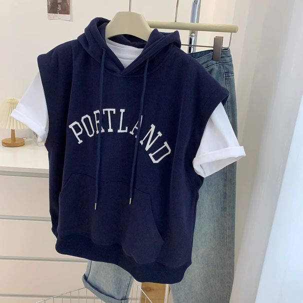European American Style Real Shot Hooded Sweatshirt Vest For Women With Letter Embroidery, Made Of Thin Composite_ecoleips.com