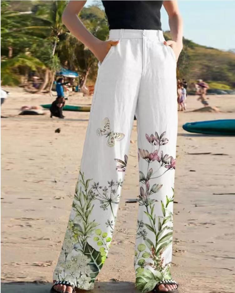 Women's Clothing Trousers Positioning Printing High Waist Pocket Loose Casual Pants_ecoleips.com
