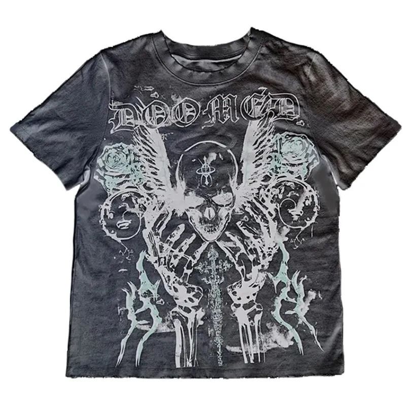 Unisex Y2K Trendy Skull Print Crew Neck T-Shirt Short Sleeved Dark Gothic Retro Top for Women European And American Cross Border_ecoleips.com