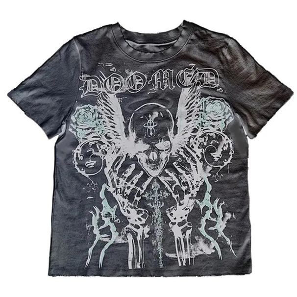 Unisex Y2K Trendy Skull Print Crew Neck T-Shirt Short Sleeved Dark Gothic Retro Top for Women European And American Cross Border_ecoleips.com