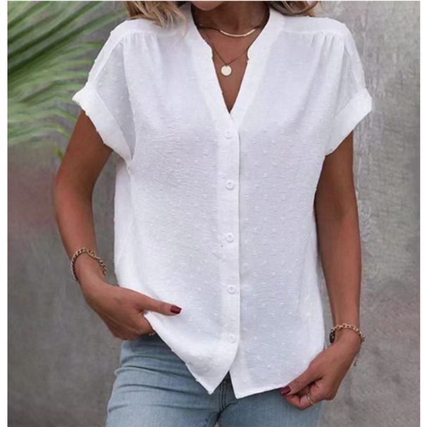Women's Clothing Solid Color Jacquard V Neck Button Women's Shirt_ecoleips.com
