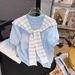 Women's Clothing Milk Blue Short Sleeved Sweater With Shawl Chic Two Piece Tops Celebrity Loose Shirt Female_ecoleips.com