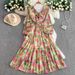 Women's Clothing Retro Print Ruffled V Neck Puff Sleeve Dress Waist Slimming Pleated Long Skirt_ecoleips.com