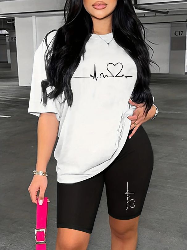 Summer Women's Casual Fashion Electrocardiogram Graphic Printing Loose T-shirt Shorts Two-piece Set Summer Sportswear Suitable For Daily Wear-169_ecoleips.com