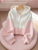 Women's Clothing Pink White Color Block Hooded Knitted Cardigan Sweater Inspired Women's Top For Autumn Winter_ecoleips.com