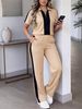 Women's Casual Spring/Summer Suit Collared Color Blocked Top with Elastic Waist Loose Fit Trousers Short Sleeve T-Shirt_ecoleips.com