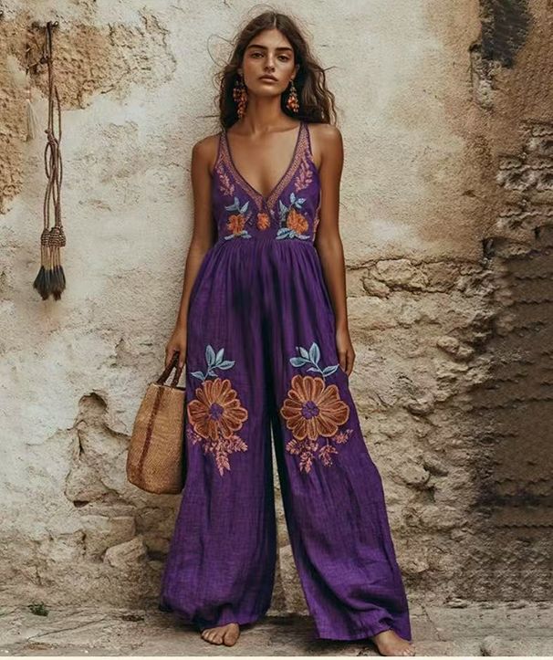 Women's Clothing Summer New Retro Printed Floral Cotton And Linen Suspenders Wide Leg Jumpsuit Trousers_ecoleips.com