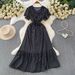 Women's French Style Sophisticated Layered Ruffle Sleeve V Neck Dress Summer Slimming Sweet Long Dress Pleated Waist_ecoleips.com