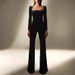 Women's Clothing Diamond Velvet Square Collar Long Sleeve High Waist Slim Flared Jumpsuit_ecoleips.com