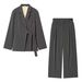 Women's Grey Pinstripe Blazer & Wide-Leg Pants Set – Elegant Office Suit With Belted Waist (Chic Two-Piece Formal Outfit, Professional & Stylish)_ecoleips.com