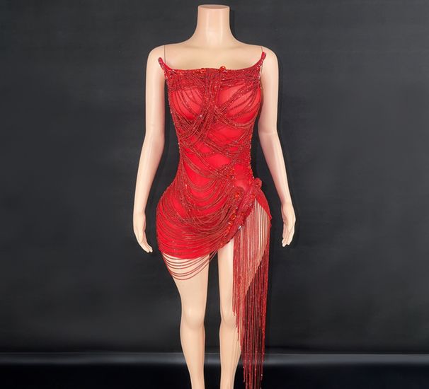 Women's Clothing black fashion sexy slim hip mini short silver tassel dance stage performance mini dress_ecoleips.com