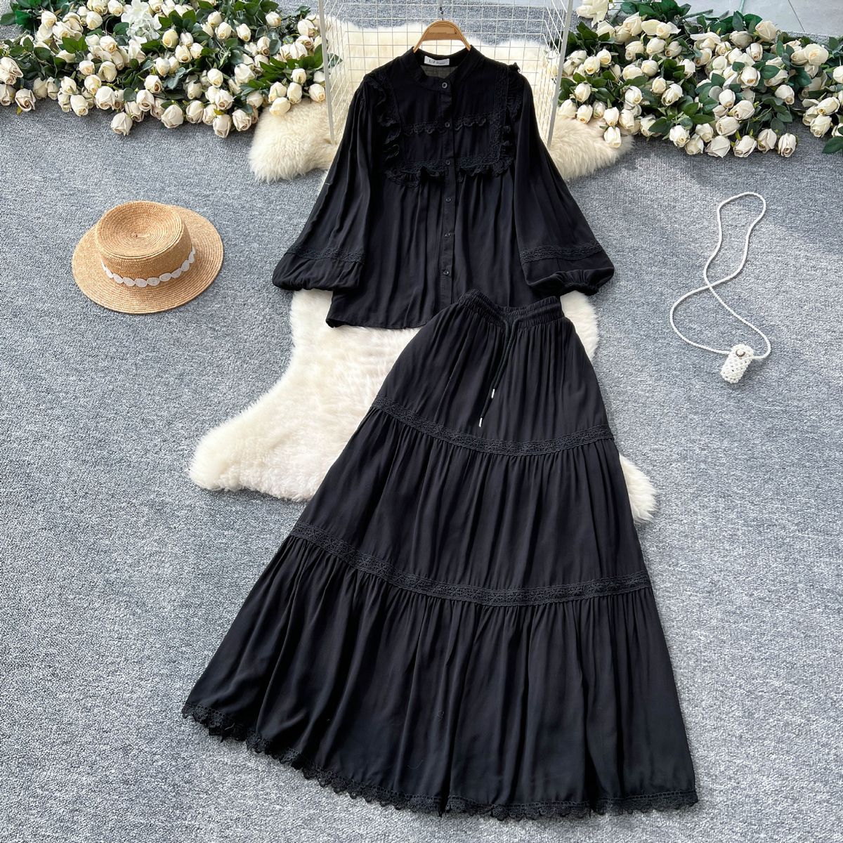 Women's Clothing Temperament Suit Palace Retro Lace Splicing Lantern Sleeve Single Breasted Shirt High Waist Large Swing Skirt_ecoleips.com