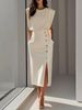 Women's Clothing Fashion Royal Sister Style Solid Color Round Neck Waist Slit Metal Button Summer Dress For Women_ecoleips.com