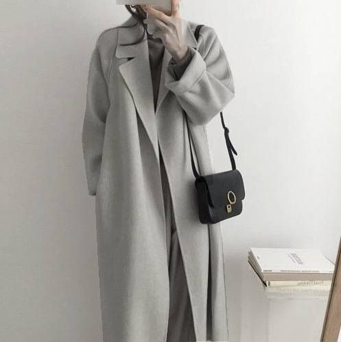 Double-Faced Wool Blend Trench Coat - Oversized Chic Belted Long Coat With V-Neck, Winter Elegance For Streetwear & Office (Gray, S-XXL)_ecoleips.com
