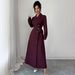 Elegant British Style Autumn Winter Dress For Women - Mid-Length Office Wear With Notched Collar & Button Detail (Available In S/M/L/XL, Dark Red)_ecoleips.com