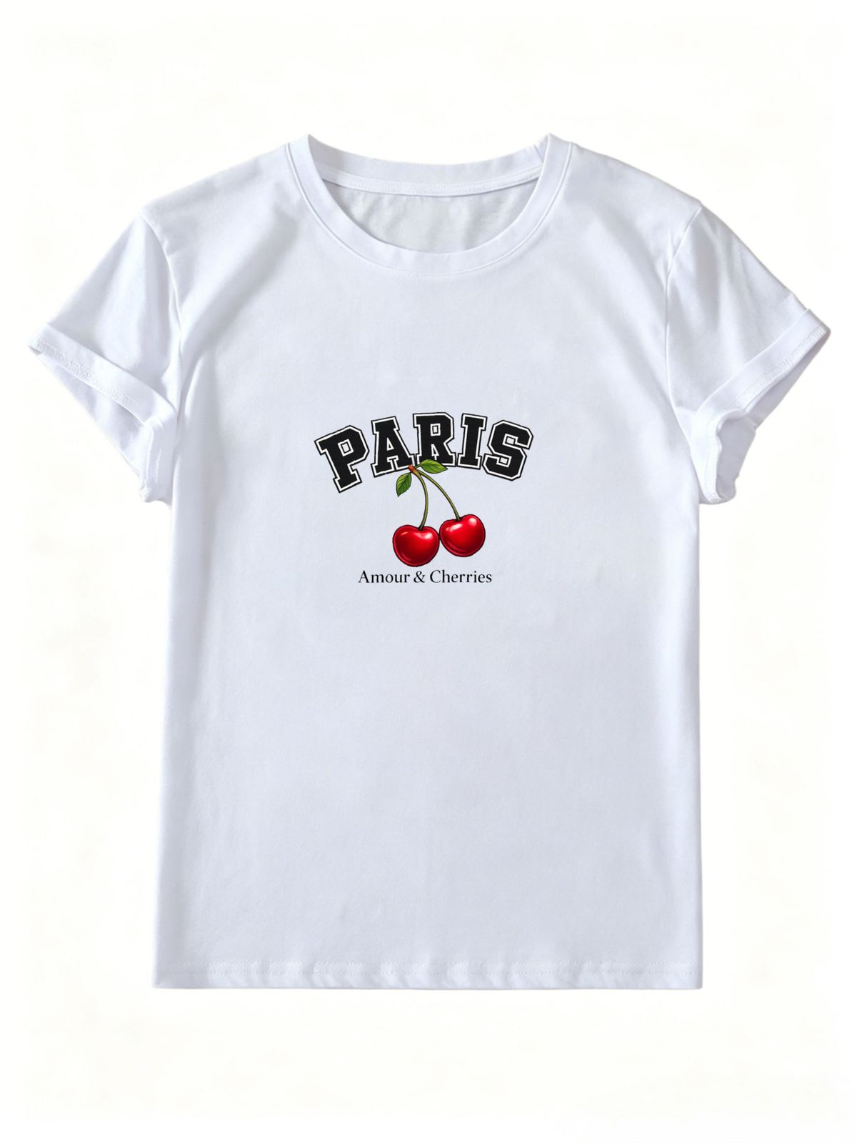 Women Crew Neck Short Sleeve T Shirt Paris Amour Cherries Letter Graphic Tee Retro French Style Loose Casual Summer Streetwear Tops_ecoleips.com