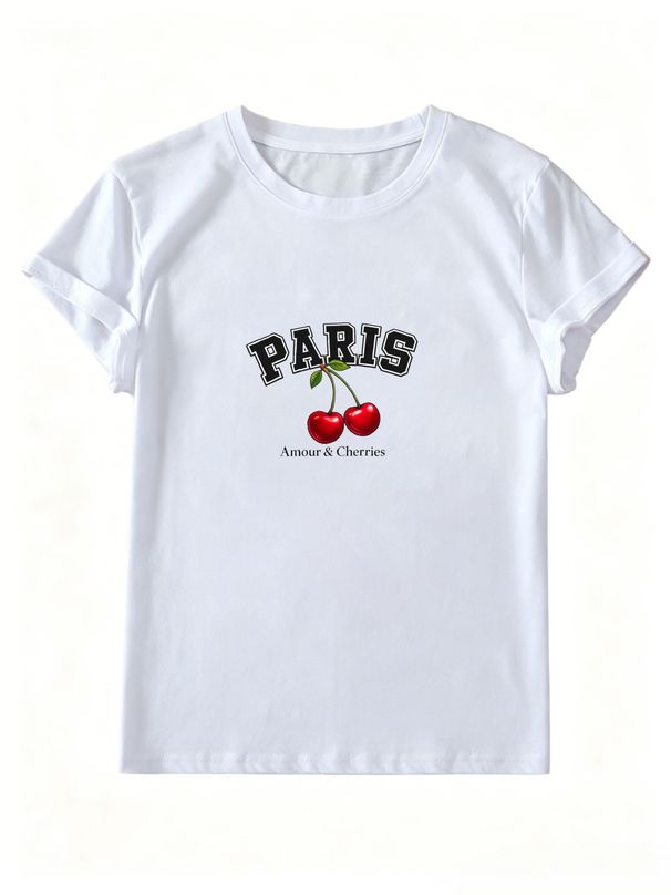Women Crew Neck Short Sleeve T Shirt Paris Amour Cherries Letter Graphic Tee Retro French Style Loose Casual Summer Streetwear Tops_ecoleips.com