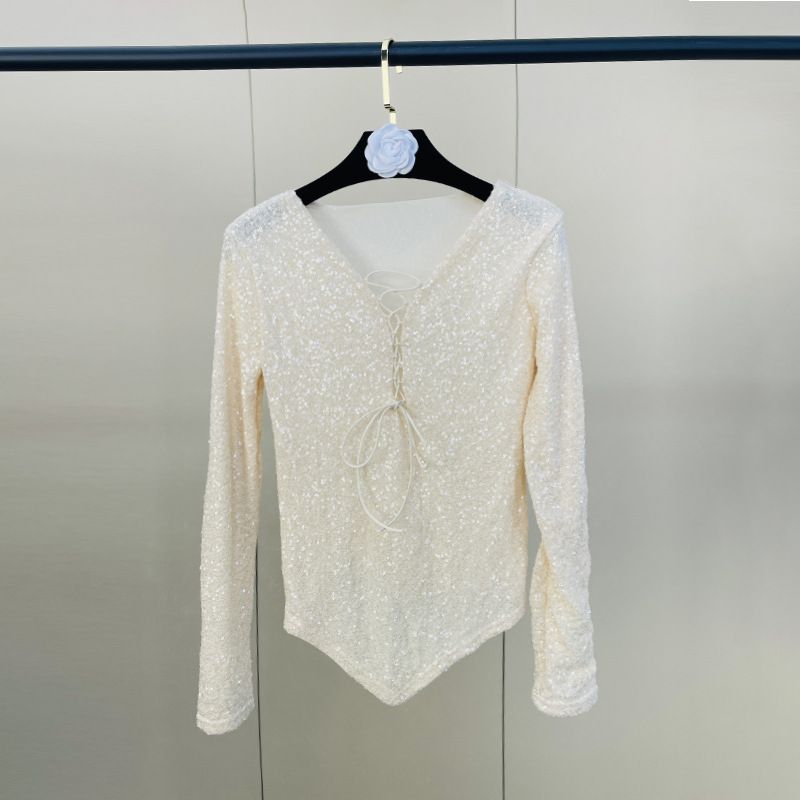 V-Neck Long Sleeve Top With Sequins, Tie-Front Detail And Asymmetric Hemline, Korean Style Casual Blouse For Women_ecoleips.com