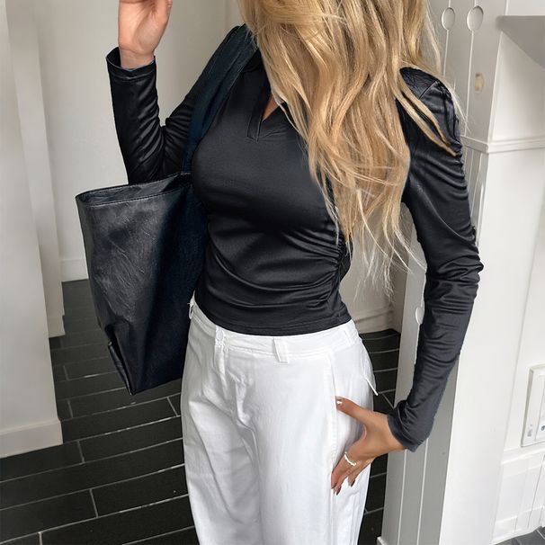 Diyun European And American Casual Commuter Solid Color Long Sleeve Shirt T-Shirt Women's Fashion 2025_ecoleips.com