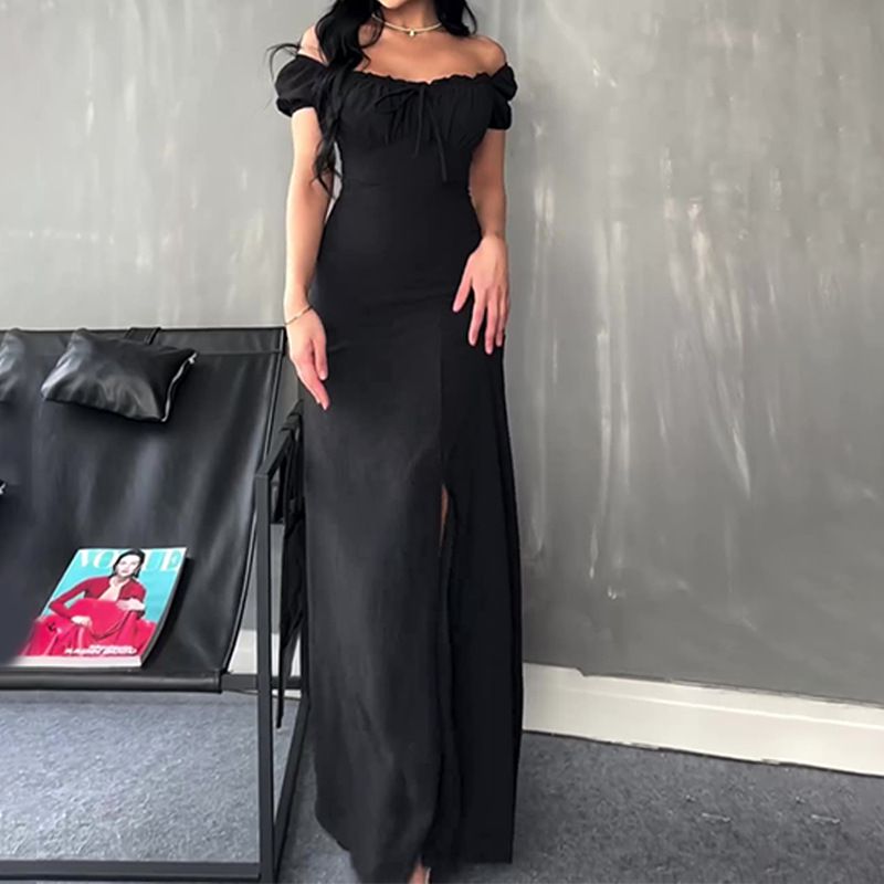 Verve 2025 Women's Summer Strapless Tie Puff Sleeve Split Bodycon Maxi Dress_ecoleips.com