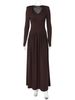 Hugcitar Autumn Elegant V Neck Long Sleeve Shoulder Pads Ruched Sexy Pleated Maxi Dress Women Evening Party Birthday Clothes_ecoleips.com