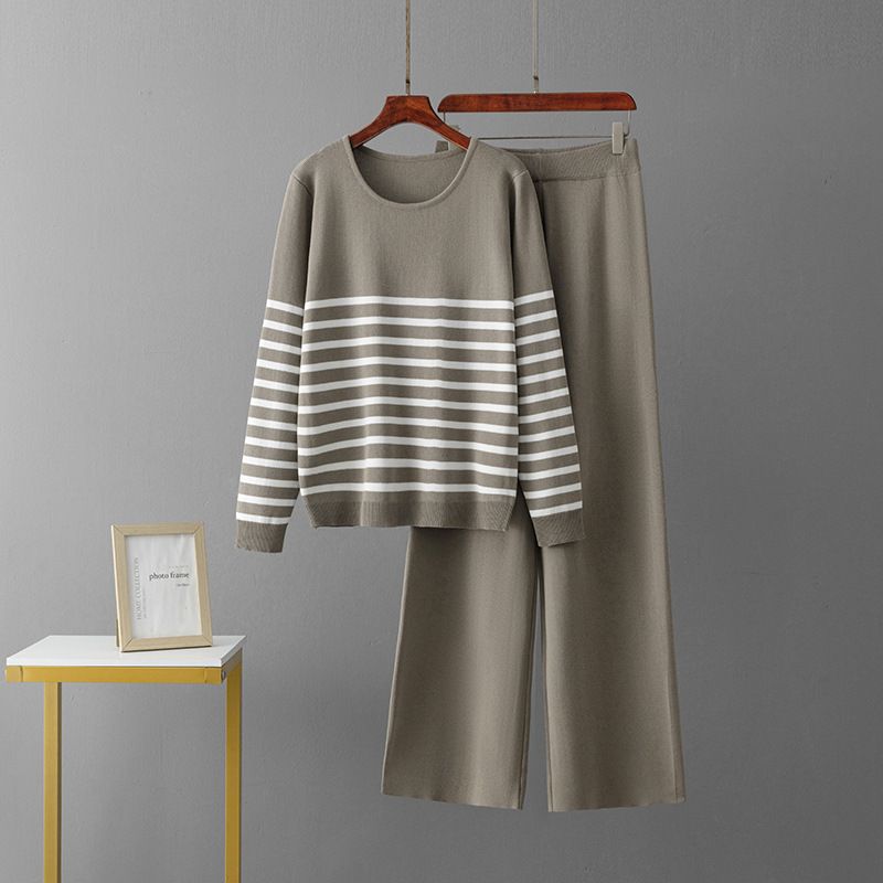 Spring Autumn Casual Fashion Set High Quality Striped Knit Top Wide Leg Trousers Two Piece Youthful Style_ecoleips.com