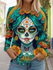 Sugar Skull Pattern Womens Long Sleeve Shirt Day Of The Dead Shirts Fashion 3D Printed Tops Summer Gothic Style Women's Clothing_ecoleips.com