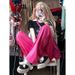 Women's Clothing Rose Red Pink Summer Loose Straight Pink High Street Retro Red Jeans Trousers Men And Women_ecoleips.com