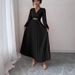 Elegant V-Neck Maxi Dress With Metallic Accents, Flowy Long Sleeve Ruffle Dress For Women, Chic A-Line Casual & Office Dress_ecoleips.com